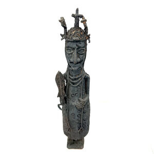 African Tribal Artifact Cast Benin Bronze Warrior Sculpture Nigeria